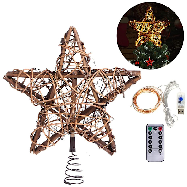 Julstjärna Topp med 30 LED-lampor - Vintage Rattan Naturliga Juldekorationer (1-pack)