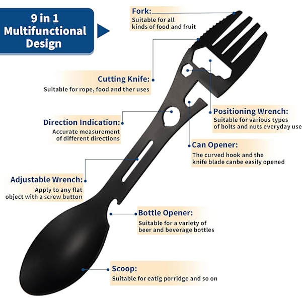 Multifunksjonell rustfritt stål gaffel skje 9 i 1 flaskeåpner for camping reise backpacking fotturer utendørsaktiviteter