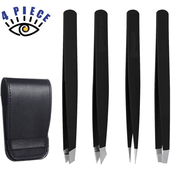 Øjenbrynspincetsæt med rejseetui, 4-delt daglige skønhedsværktøjer til hårfjerning, bedste præcision (sort)