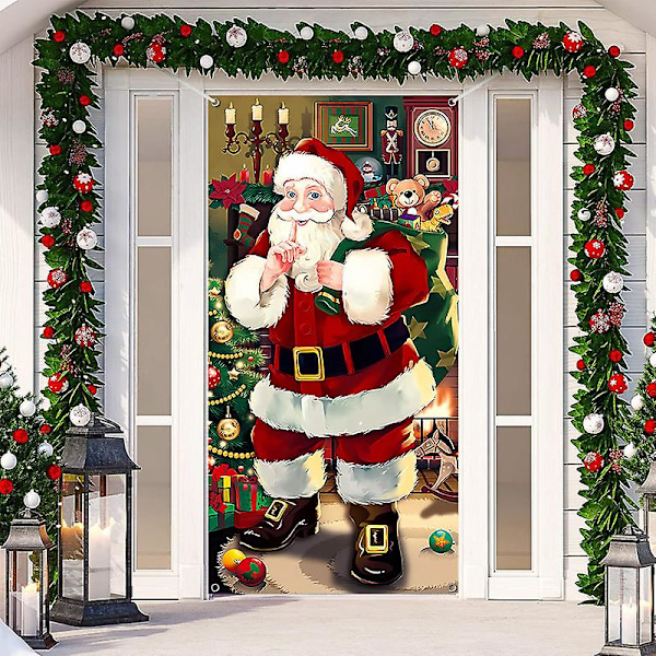 Jultomte Dörröverdrag God Jul Dörrdekorationer Vintertomte Bakgrundsbana Banner För Framsida Dörr Veranda Jul