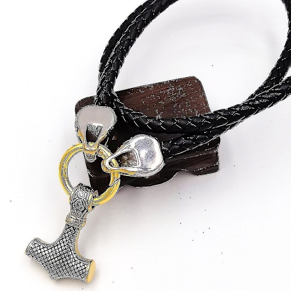 Rostfritt Stål Viking Varg Huvud Dubbla Färger Tor Hämmer Hänge Läderkedja Herrhalsband Smycken (stil1 guld, 60cm)