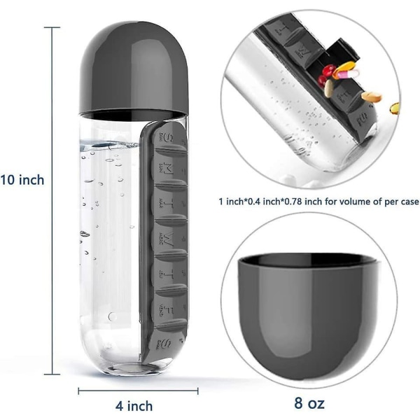 600ml 2 i 1 daglig pillerlåda Vattenflaska Resepiller Organizer Dryck Medicinkopp Svart