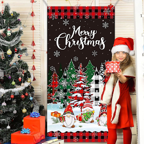 Juldörröverdrag God Jul Dörrbanderoll Bakgrund Buffelrutig Julgran Dörrhängande Överdrag För Jul Vintersemester, 71 X 35 Tum