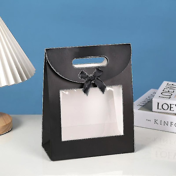 Stærk Papir Stående Gavepose, 26 Cm X 19 Cm X 9 Cm, Brun Kraftpose Med Klar Vindue Og Sløjfe - Pakke Med 12 (Sort)