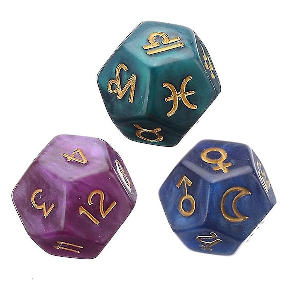 3-pack med 12-sidiga astrologiska tarot-tärningar för spådom