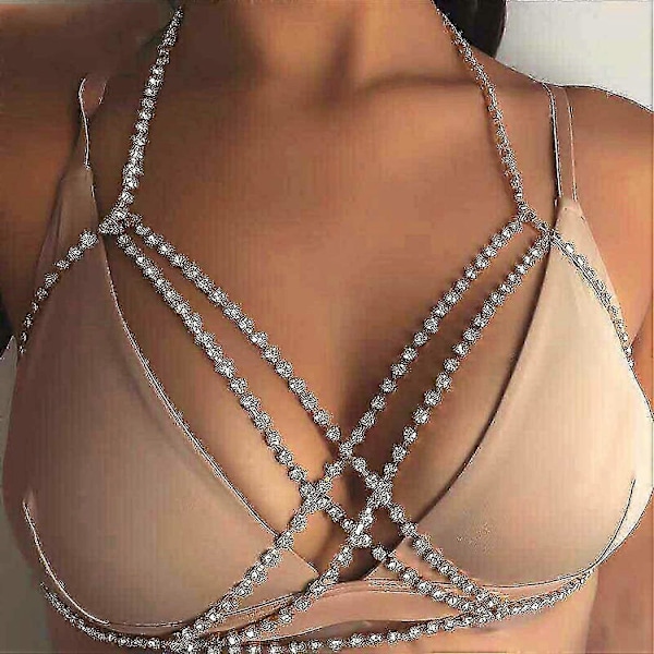 Kroppskedja i kristall, bikini, kroppskedjor, nattklubb, bröstkedja, modesmycken för kvinnor och flickor (silver) (guld)