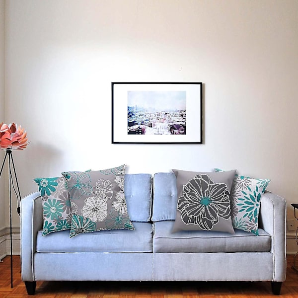 Putetrekk 45 x 45 cm, sett med 4, dekorative putetrekk til sofa, moderne putetrekk til stue, pute til seng, utendørs, bil, grå og turkis