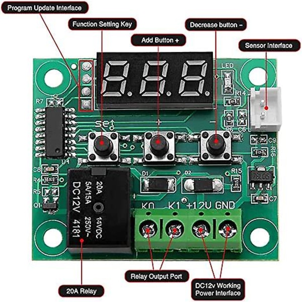 2 stycken W1209 temperaturregulatormodul, DC 12V mikrodigital termostat, elektronisk temperaturkontrollmodul, -50-110°C, med vattentät NTC P