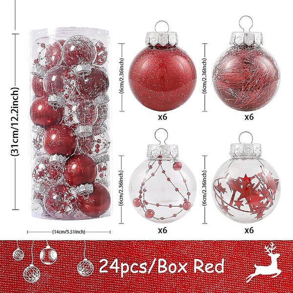 24 stk./æske 6cm Julekugle Kæledyr Transparent Juletræ Hængende Pynt Fest Dekoration Til Hjem Nyårsgave Noel Navidad (rød)