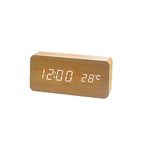 Trädigital klocka med multifunktionell LED-väckarklocka med tid/temperatur/datumvisning och röststyrning (gul)