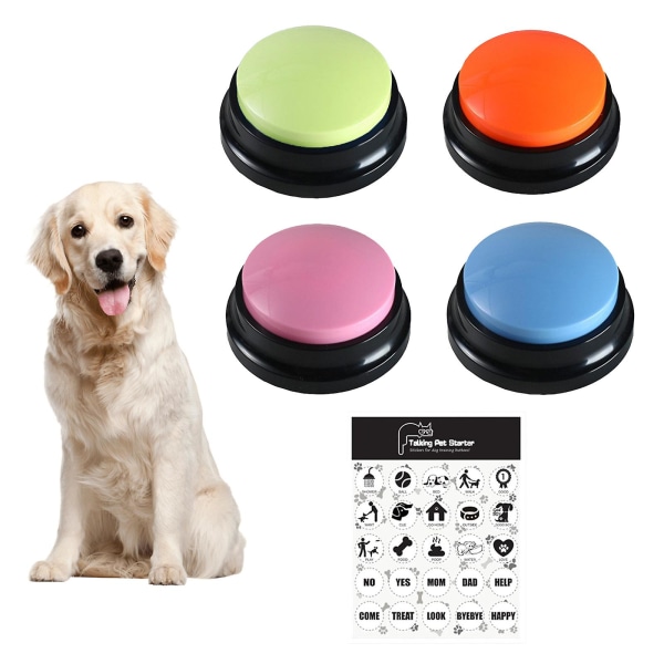Optageligt knapsæt 4 hundeknapper til kommunikation af kæledyrstræningssummer, 30 sekunders optagelse og afspilning (blå+pink+orange+lilla)