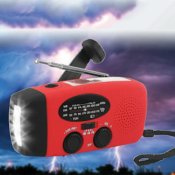Nödradio med solpanel, handvev, AM/FM, väderradio, LED-ficklampa, laddare (svart)