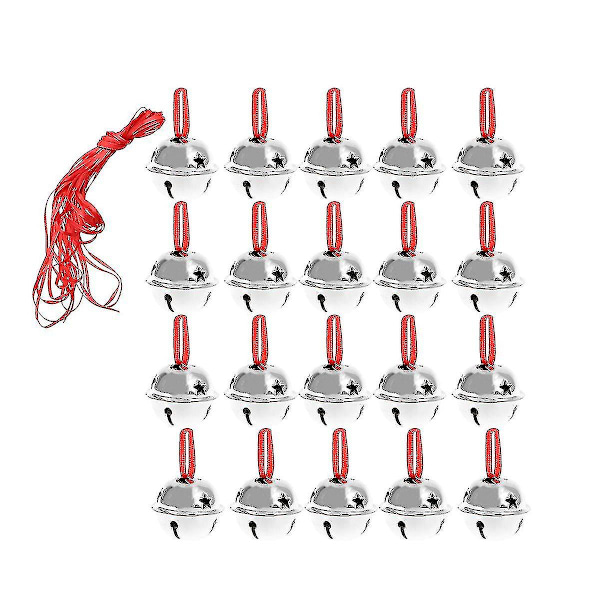 21 stk. Femtakkede Juleklokker Mini Kreative Glansende Rasleklokker Håndlavede Små Juleklokker (20 stk. 3 cm Sølvklokker + 10 m Bånd)