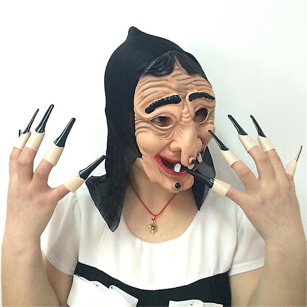 Heksemaske Halloween Horror Djævelmaske Med Lange Negle Ondt Kostume Latex Realistisk Ansigt Gammel Dame Mand Maske Uhyggelig Cosplay Skræmmende Maske Til Voksne Tilfældig