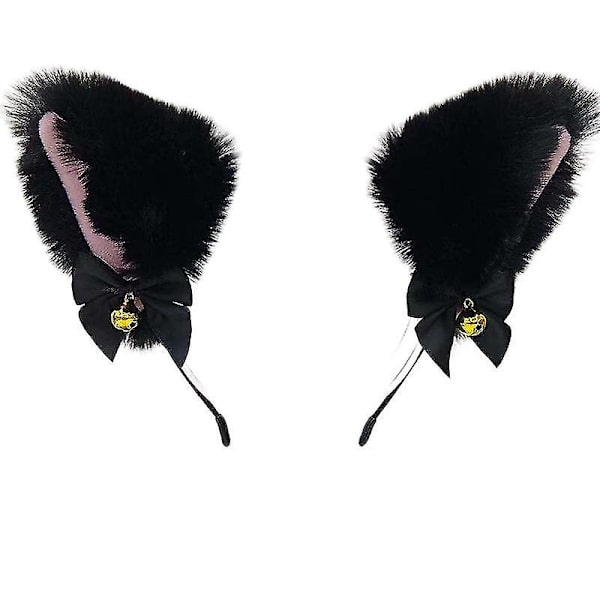 Dyre-Anime Faux Fur Ræv Ulv Kat Hund Øre Pandebånd Med Klokker Halloween Cosplay Kostume (sort)