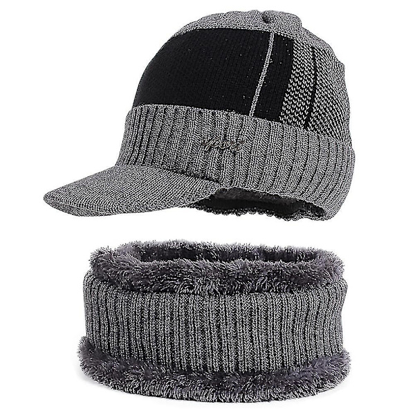 Mænds varm vinter spids beanie hat sjal sæt fleece foret udendørs strikket hue (marineblå)