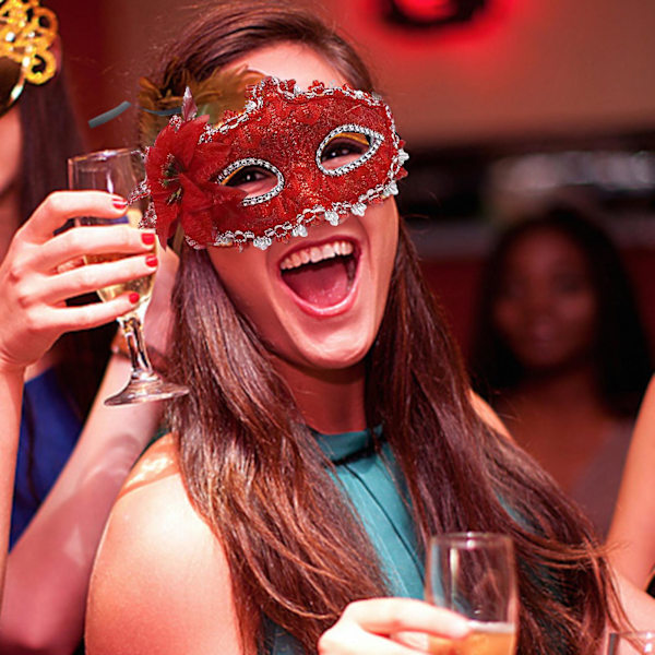 Ögonmask med Blomma och Fjäder Dekoration Klänning Upp Foto Rekvisita Snörning Justerbar Halksäker Halloween Boll Fest Prinsessa Maskerad Mask (Röd)