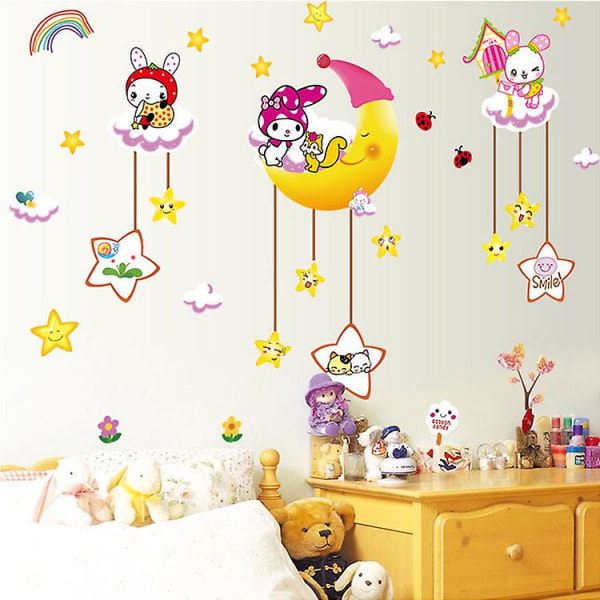 A set of Wall Stickers Clouds Stars Moon Rabbits Wall Stickers Wall Decor for Living Room Bedroom Kitchen Office