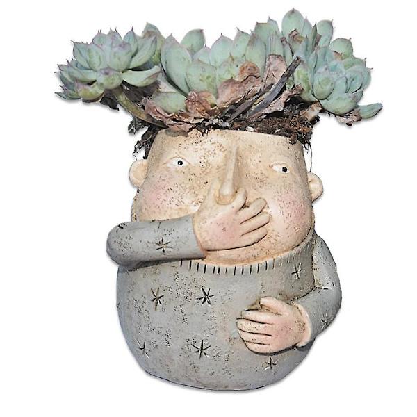 Pojken håller näsan snidad intressant badrumsdekoration, unik och söt blomsterarrangemang kreativitet liten ansiktshuvudvas (grå)