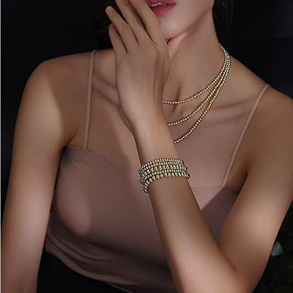 Dam Armband i Guld, 14k Guldpläterat Armband med Pärlor, Stretchigt Elastiskt Armband