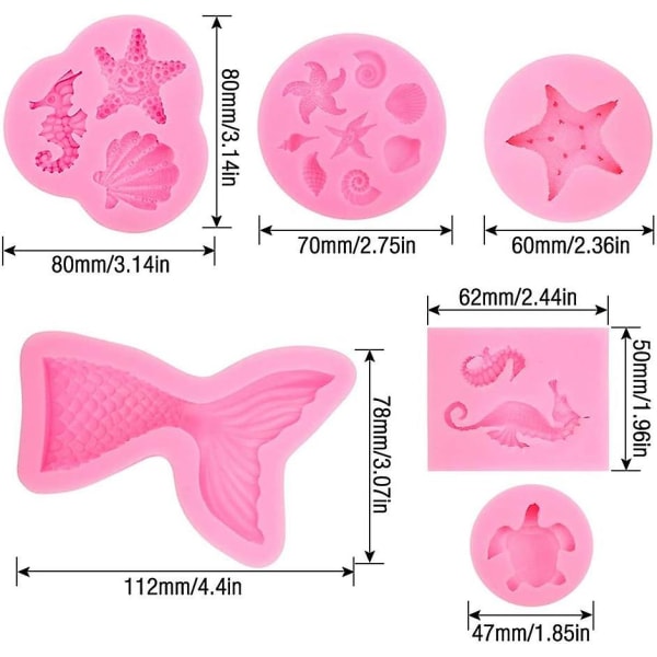 6 stk. Fondant kagemåle Havfruehale form DIY Dyr silikoneforme sæt Seashell form og Havfruehale form Chokoladeform Geléforme