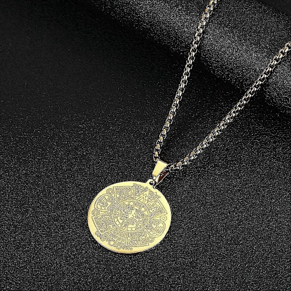 Aztekisk Maya Kalender Hängsmycke Halsband För Män Pojkar Rostfritt Stål Amuletter Rund Mynt Charmstål Hip Hop Kedjor För Män