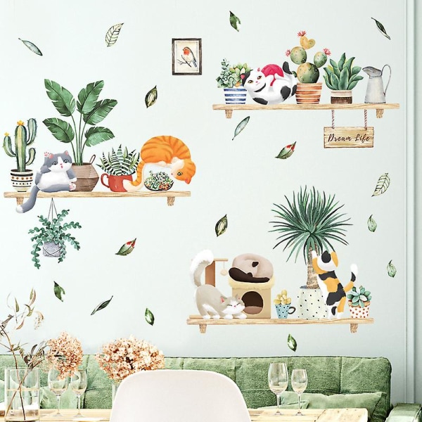 En set väggklistermärken Gröna krukväxter Söta katter Väggdekor Väggdekor för vardagsrum Sovrum Kök Kontor