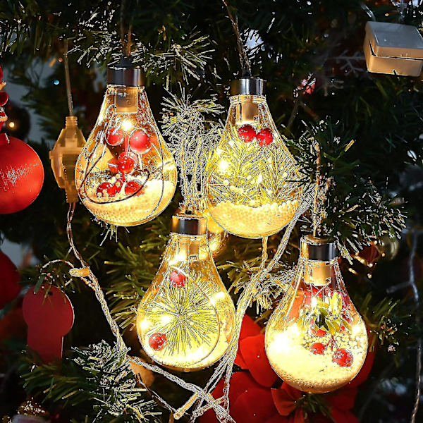 Julekuler i Klar Plast, 4 stk. Hengende Julekulepynt med LED-lys, Kunstig Snø og Bær, Furu Nåler