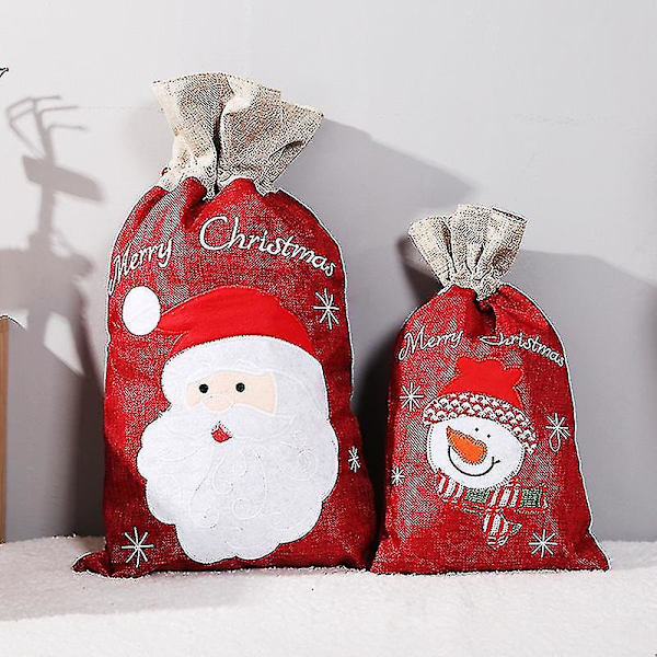 Jultomte-säckar i linne med snögubbe-mönster, dragsko-påsar, julklappspåsar, festfavoriter, juldekorationer, 2-pack röda