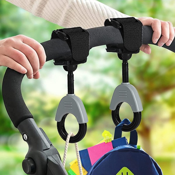 AWOUA 2 strollers krokar, 360 graders rotation, halkfria plast stroller krok, kardborreband justerbar, för barnvagnsblöjor väskor, 10,5*4,2 cm