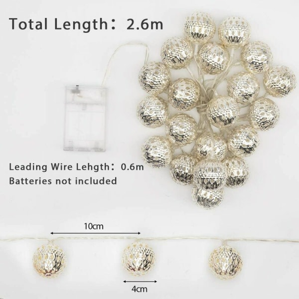 20 Led 2,5 m Silver Ball Fairy Lights Batteridrivna Varmvita metallslingor för jul, fest, festival, bröllop