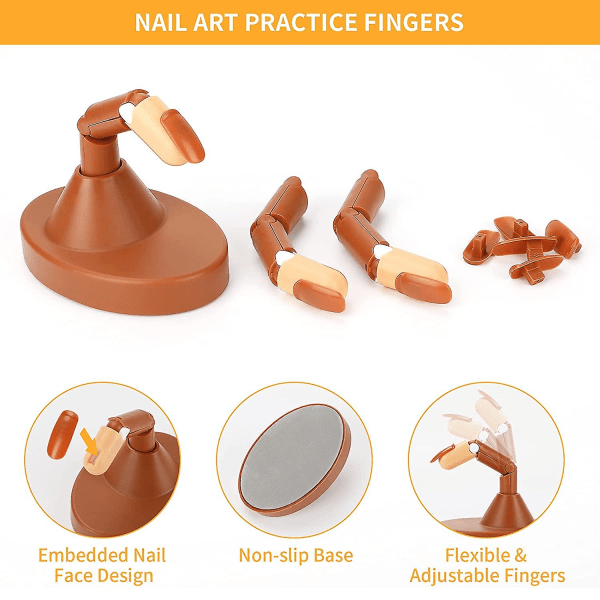 Mystery Nail Art övningsfingrar för akrylnaglar med avtagbar bas & 100 st naglar, 3 st justerbara falska fingrar Kit för hand nail art