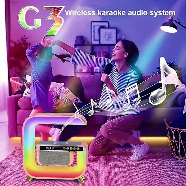 Stor G Bluetooth Högtalarklocka 15W Trådlös Laddning Skrivbords Atmosfärslampa