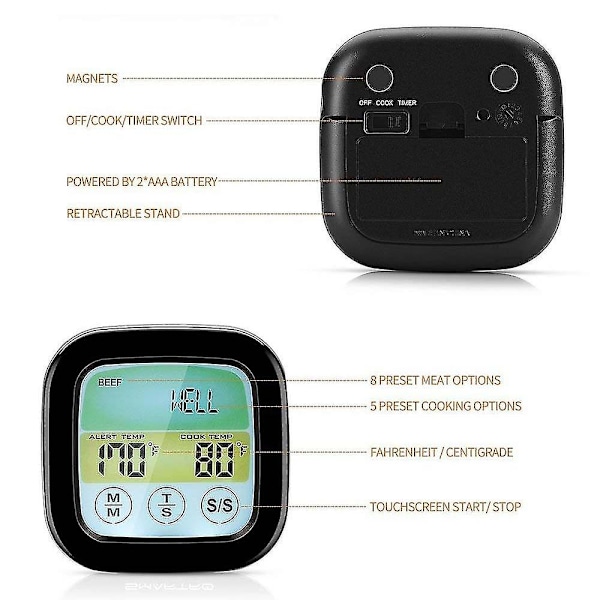 Trådlös Grilltermometer för Grillning, Digital Kötttermometer med Dubbla Sondes, Timer, Alarm, Röktermometer för Kök, Ugn, Mat med