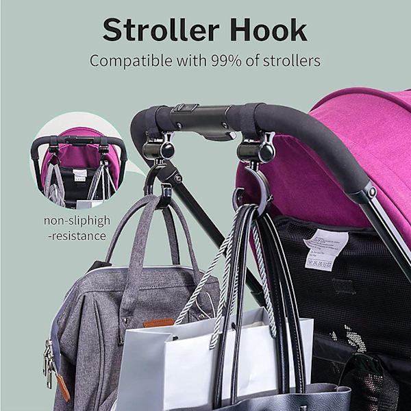 2-pack robusta barnvagnskrokar - 360 graders roterande krokar - 2 universella barnvagnsklämmor för att hänga väskor och cyklar, rullstolar, shoppingvagnar 16*10