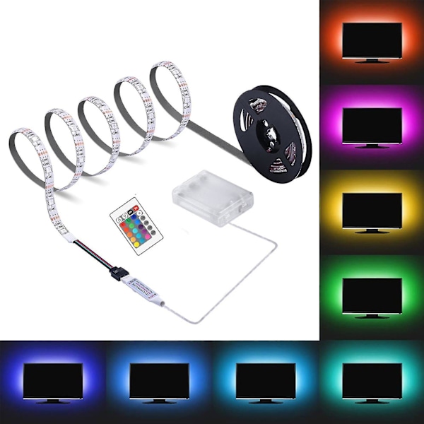 LED-remsa med fjärrkontroll, batteridriven hög ljusstyrka, IP65 vattentät TV-bakgrundsbelysning, RGB väggdekor (1M)