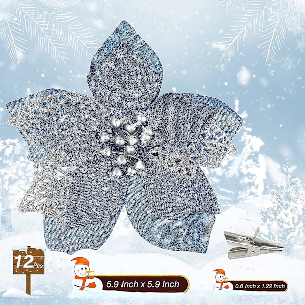 12 stk Julestjerne Kunstige Julestjerner Juledekorasjon 5,9'' Blå Glitter Julestjerner