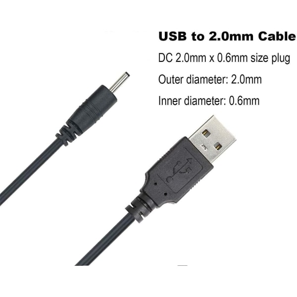 USB till likström 2,0 mm-kabel, hörsnäckor USB likströmsadapter, USB 2,0 Typ A hane till likström 2,0 mm X 0,6 mm 5 volt likströmsuttag Power Laddning C