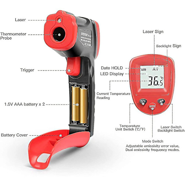 Infraröd Termometer, Industriell Termometer, Icke-medicinsk Kontaktlös Termometer, Digital LCD, Svart/Röd ET312, -50 C ~ 550 C (-58