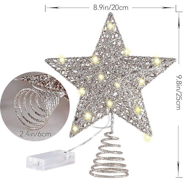 10 Tommers Juletre Topper Med 20 LED-Lys. Roségull Glitrende Metall Juletre