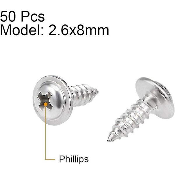 2,6x8mm Phillips Pan Head Selvtæppende Skrue med Skive Skrue 304 Rustfrit Stål Fastgørelseselementer Bolte 50stk