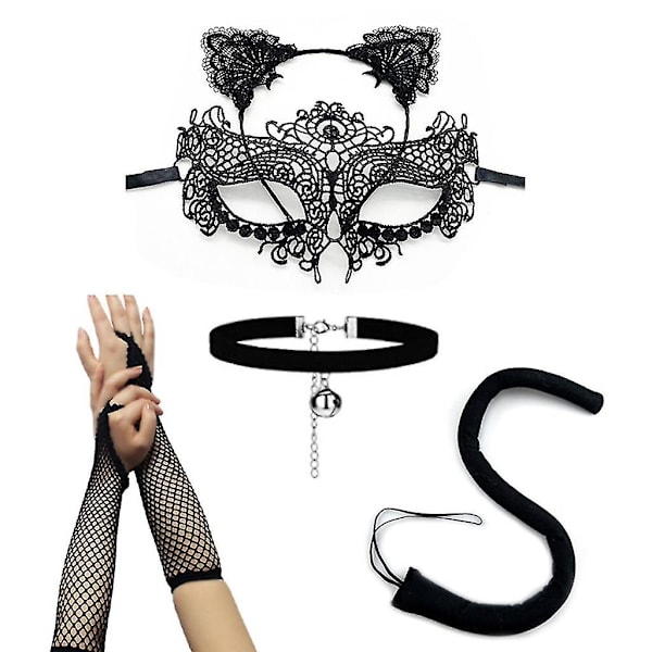 Paket med 5 spetsmasker, svart ihåligt hjärta choker halsband, nätvantar, svansar, kit