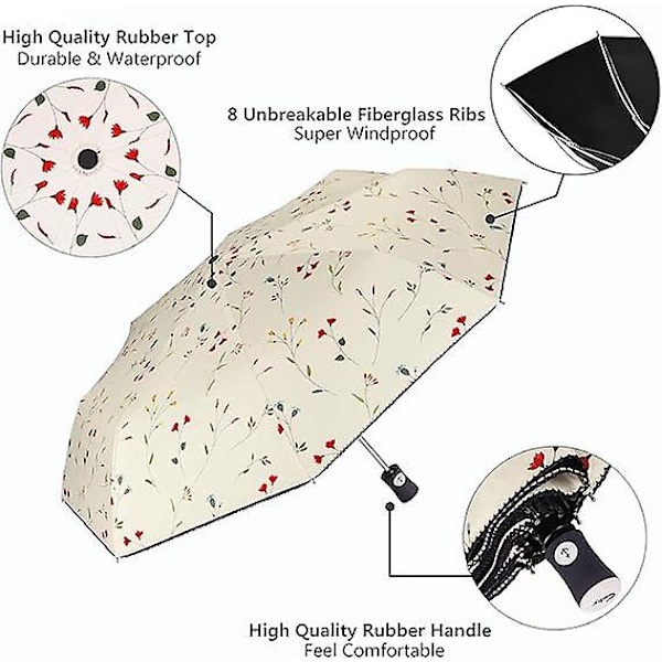 Solparasoll hopfällbart reseparasoll öppnas och stängs automatiskt, vindtätt och regnsäkert, med svart UV-skyddsbeläggning
