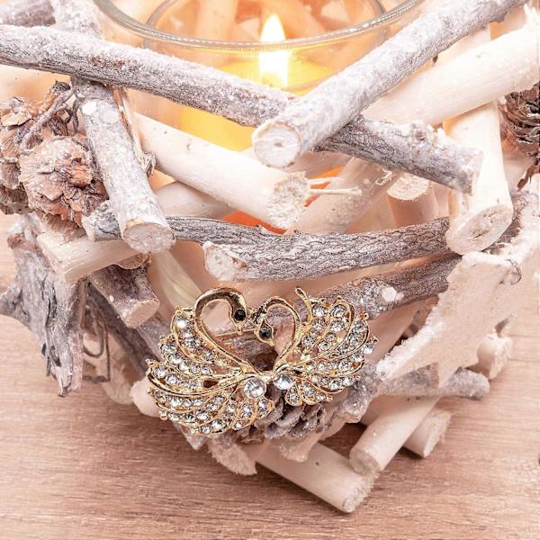 Guld Färg Dubbel Svan Vit Rhinestone Kristall Brosch Pin för Kvinna Flicka Dam Bröllop Fest