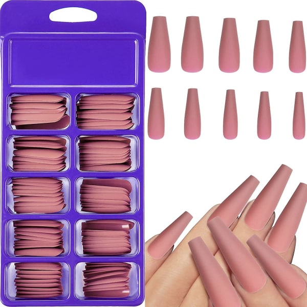 100 bitar matt extra långa naglar kista falska naglar enfärgad cover falska naglar matt med box för kvinnor tjejer Nageldekorationer (mörkrosa)