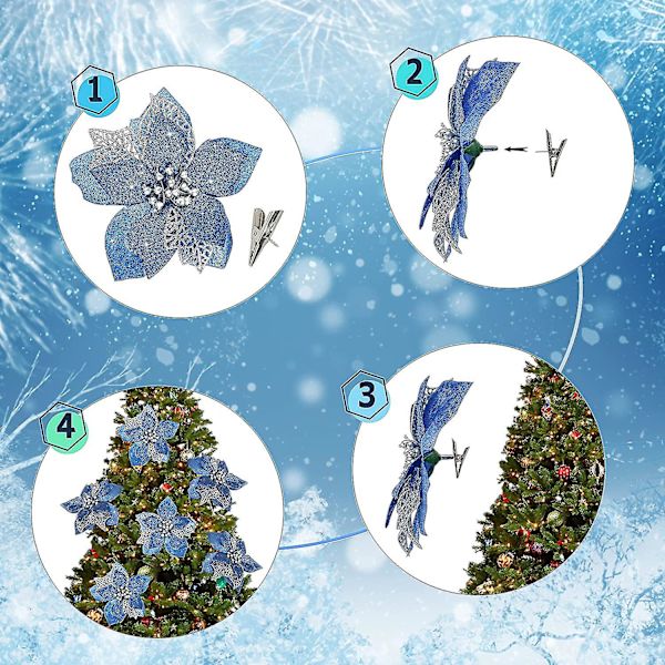 12 stk Julestjerne Kunstige Julestjerner Juledekorasjon 5,9'' Blå Glitter Julestjerner