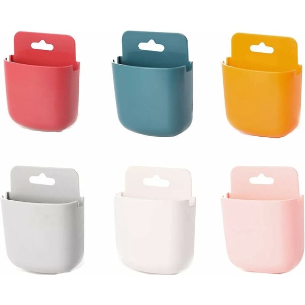 Väggmonterad mobiltelefonhållare - förvaringsbox med fjärrkontroll med självhäftande remsor (6 stycken, 6 färger)