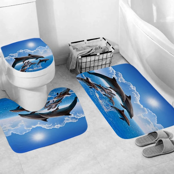 4 set hopp delfin blå hav himmel vit moln vackra duschdraperier halkfri matta toalett och badmatta set badrumsdekor 72\" x 72\"