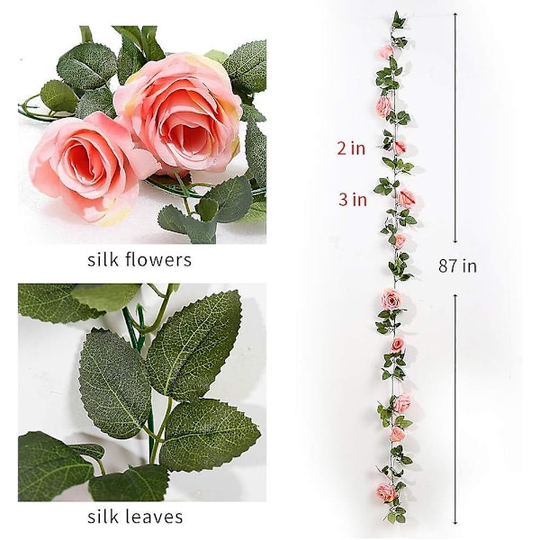 Konstgjord Girlang Ros Rankor Falsk Silke Blommor Rosor Hängande Rosa Lövverk Växter för Bröllop Båge Arrangemang (2st, Rosa)