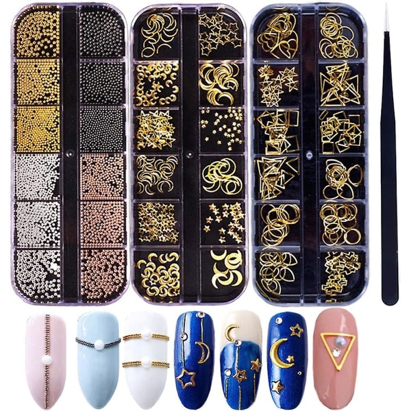 3d Nails Art Metal Charms Studs Juveler Dekaler Dekorasjoner Tilbehør 800+ stykker Gull Nail Micro Caviar Beads Star Moon Nagle Design Supplies With Twe